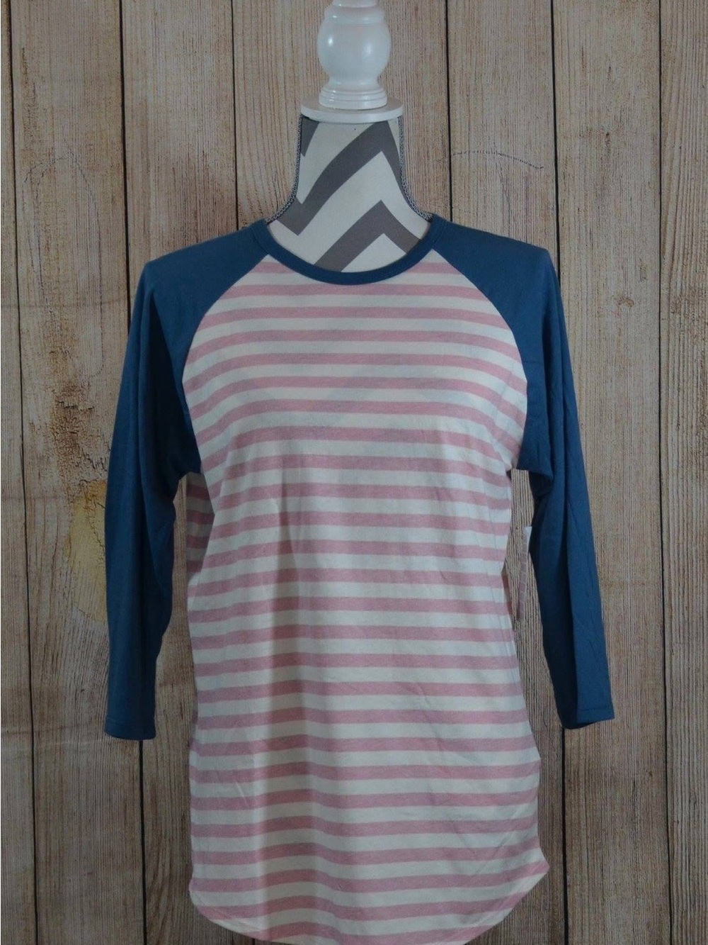 LuLaRoe Randy Striped Raglan Top in Pink, Blue and White